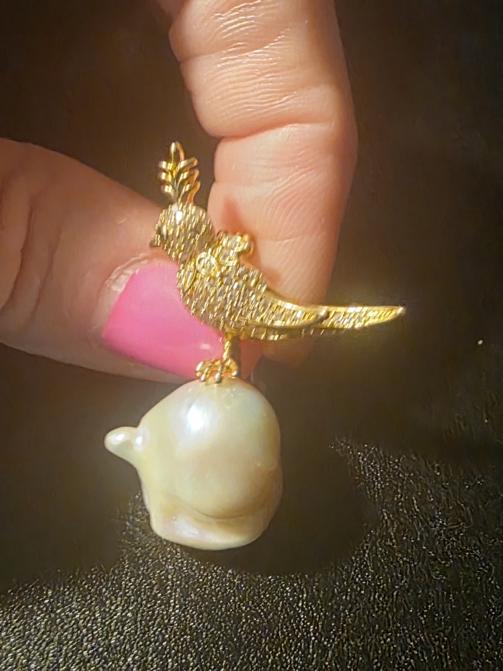 Gold Bird Pearl Drop Pendant - Gold Tone with Iridescent Pearl